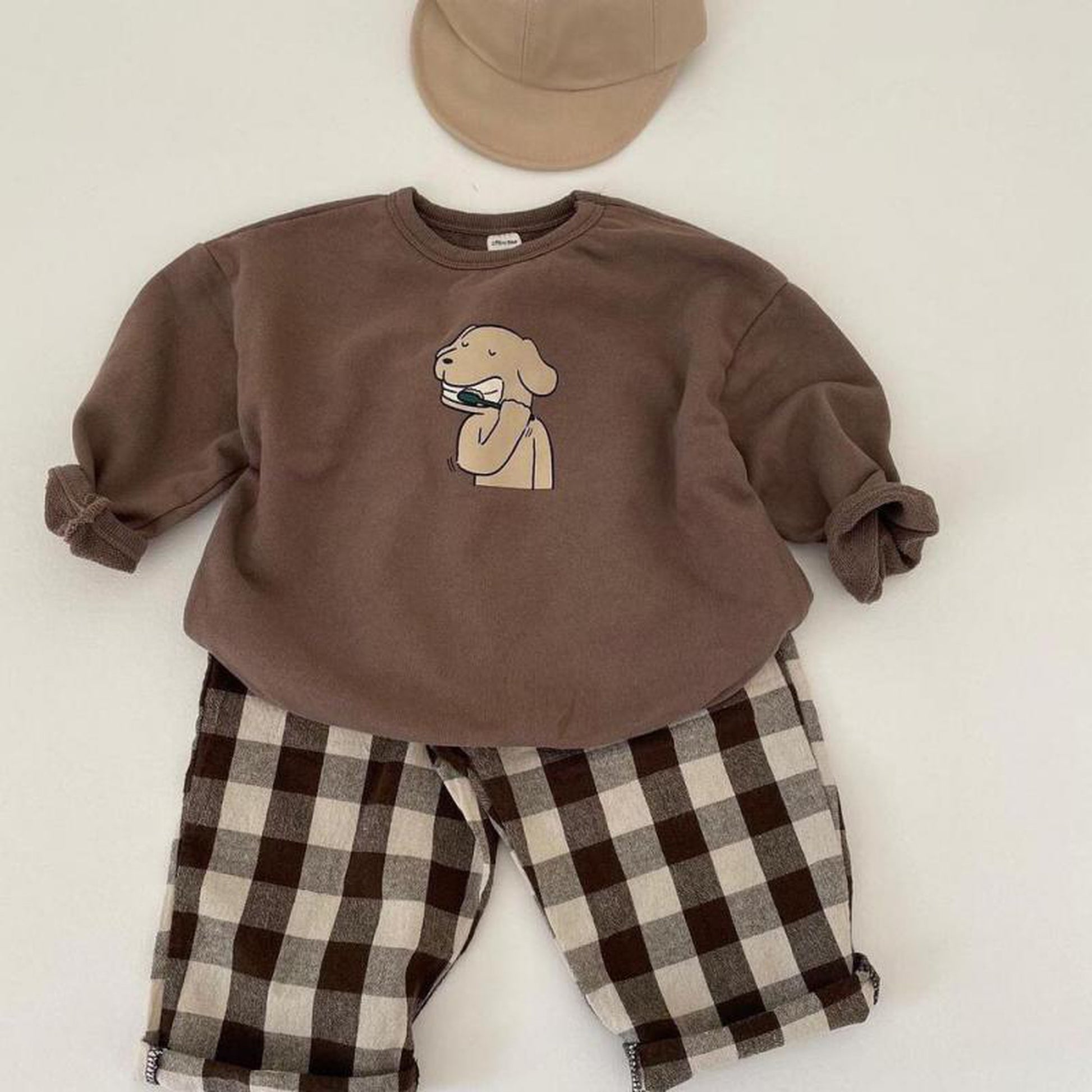 -ベビー アニマル 歯磨き トレーナー チェック パンツ【mh0000296】 - mamahalo shop - トレーナー・フーディ -  べビー服 - 子供服 - 男の子 - 女の子