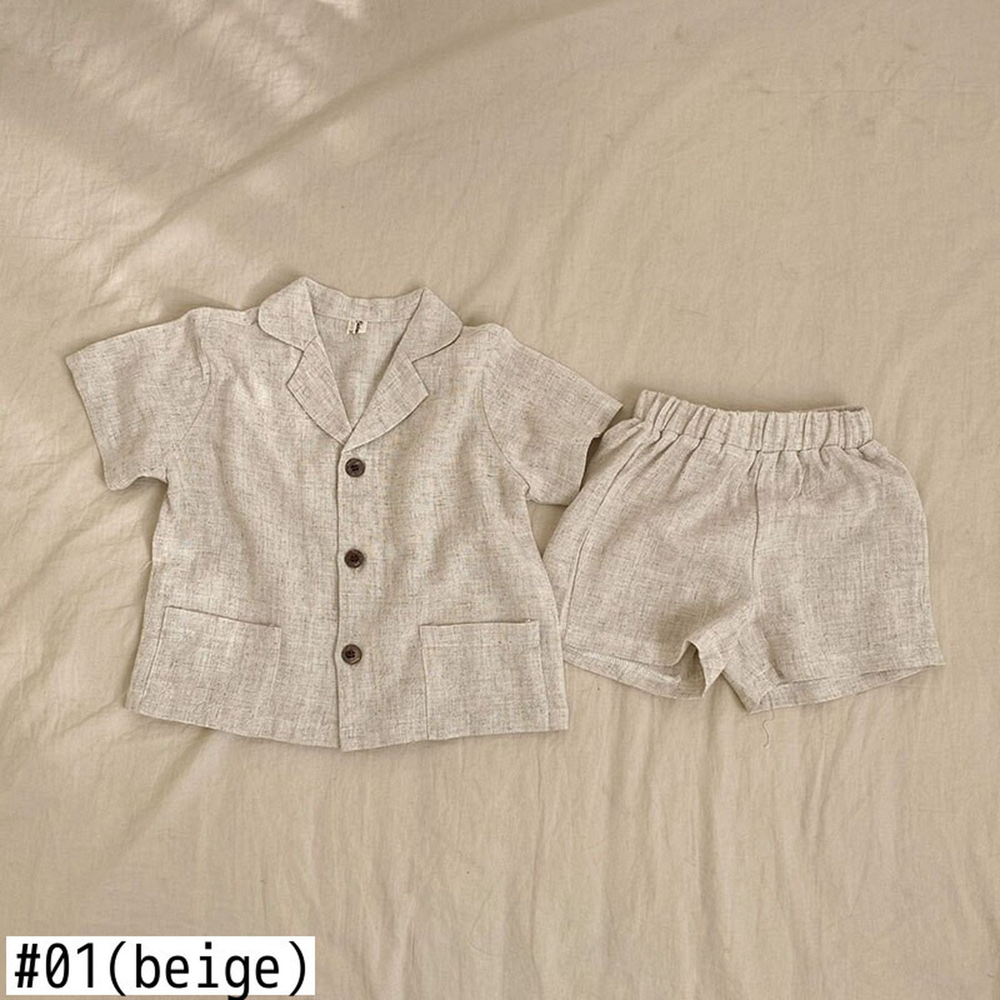 -☺︎ キッズ セットアップ 半袖シャツ ショートパンツ ベージュ/コーヒー/2カラー - mamahalo shop - 半袖セットアップ -  べビー服 - 子供服 - 男の子 - 女の子