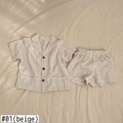 -☺︎ キッズ セットアップ 半袖シャツ ショートパンツ ベージュ/コーヒー/2カラー - mamahalo shop - 半袖セットアップ -  べビー服 - 子供服 - 男の子 - 女の子