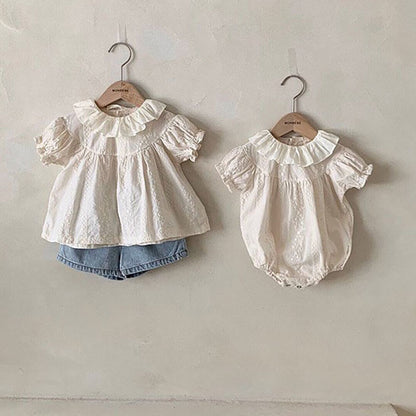 -ベビー フラワー 刺繍 フリル襟 半袖 ロンパース ブラウス【mh0000392】 - mamahalo shop - 半袖ロンパース -  べビー服 - 子供服 - 男の子 - 女の子