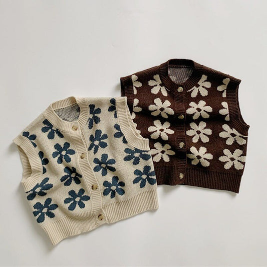 -ベビー キッズ ニット フラワー 前あき ベスト - mamahalo shop - ベスト -  べビー服 - 子供服 - 男の子 - 女の子