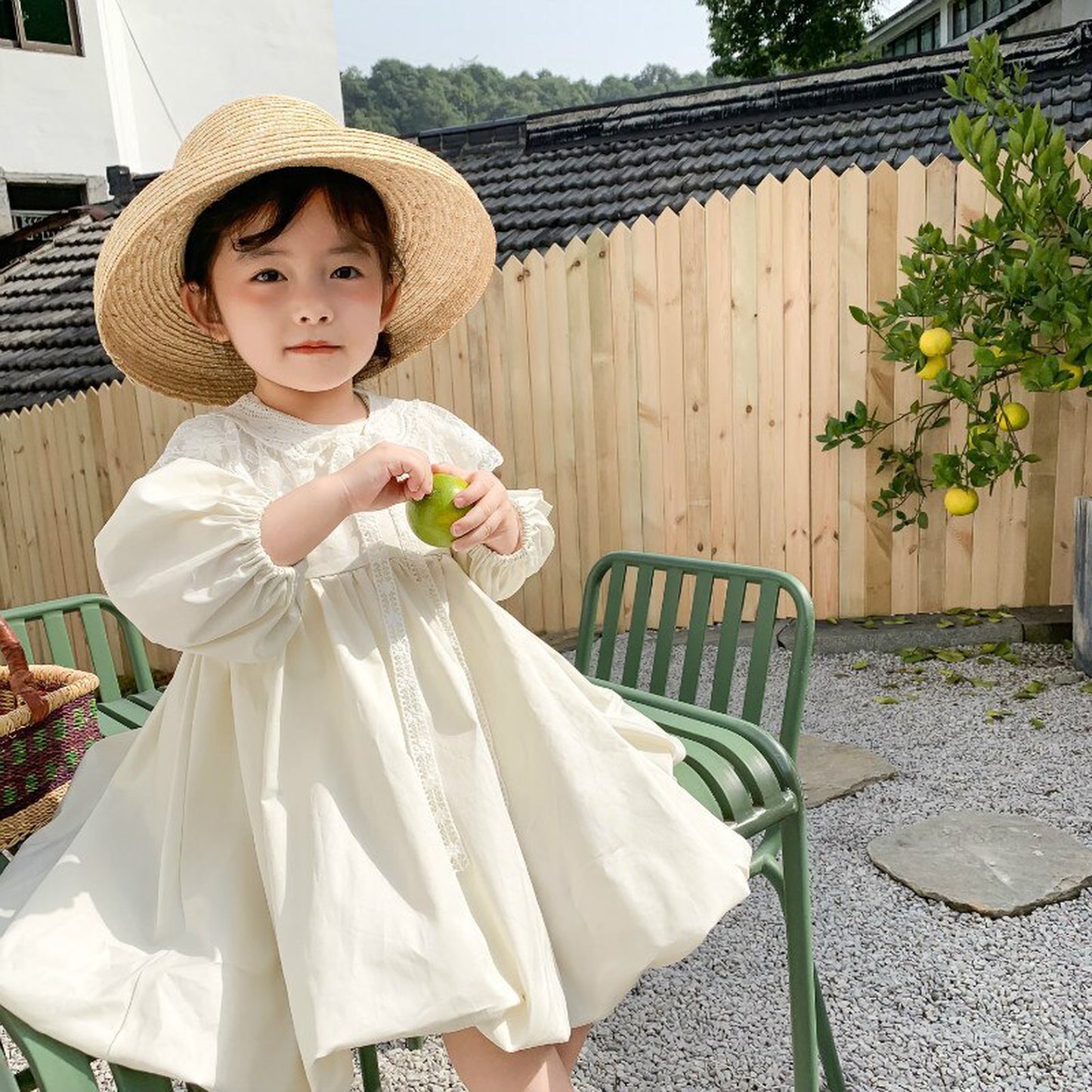 -キッズワンピース レース ドレス 長袖ワンピース ベージュ - mamahalo shop - 長袖ワンピース -  べビー服 - 子供服 - 男の子 - 女の子