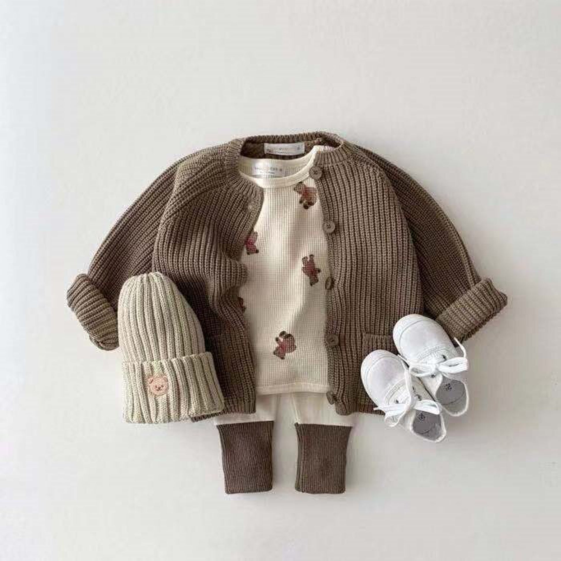 -ベビートップス くま ベア フラワー ワッフル 長袖Tシャツ【mh0000356】 - mamahalo shop - 長袖Tシャツ -  べビー服 - 子供服 - 男の子 - 女の子