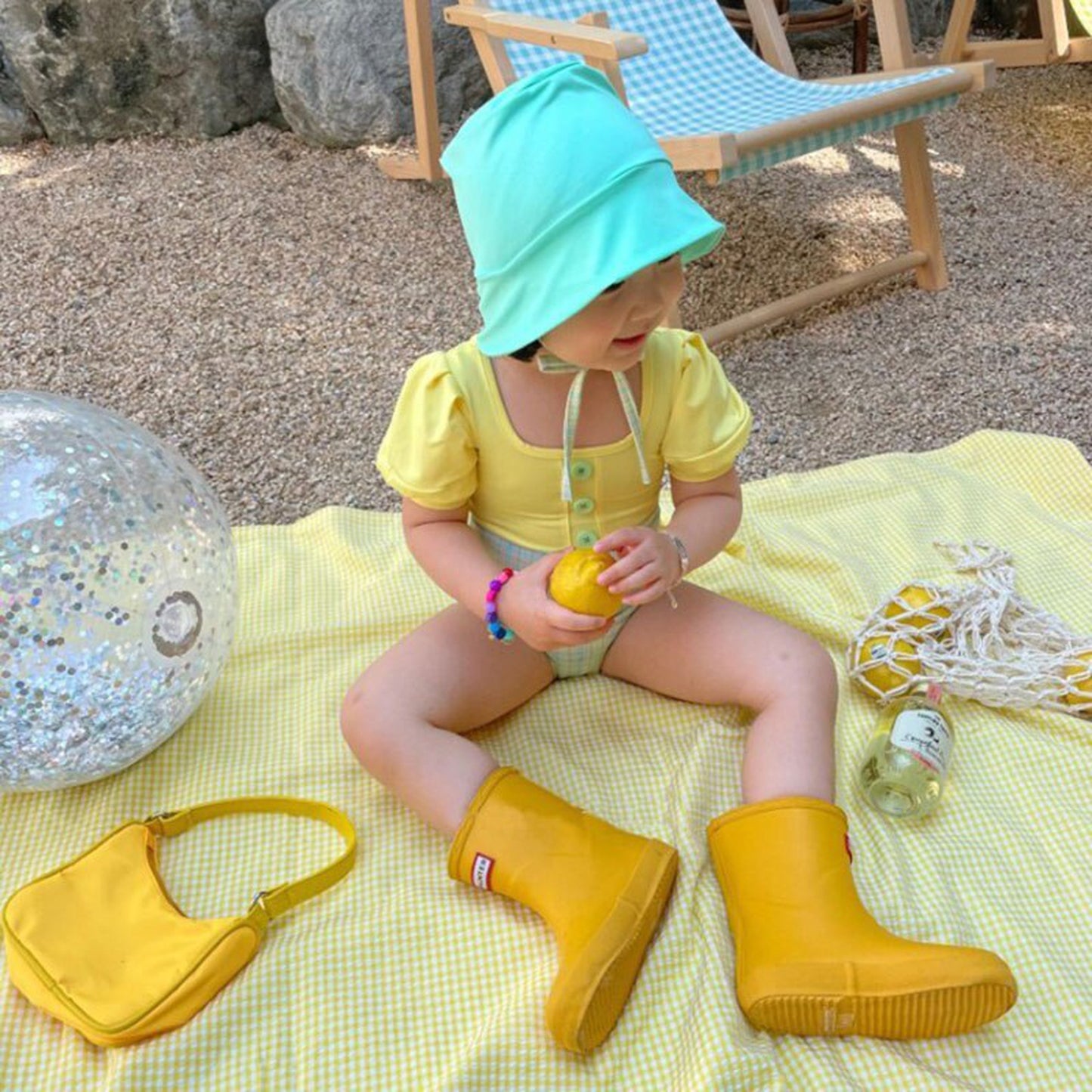 -キッズ チェック ドッキング パフスリーブ 半袖 ワンピース 水着 帽子 セット スイムスーツ【mh0000710】 - mamahalo shop - ベビー用水着 -  べビー服 - 子供服 - 男の子 - 女の子