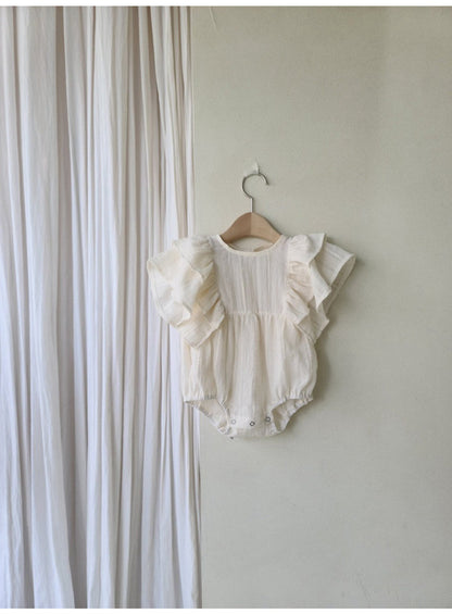 -ベビー ラッフルフリル バタフライスリーブ フラワー 無地 ロンパース - mamahalo shop - 半袖ロンパース -  べビー服 - 子供服 - 男の子 - 女の子