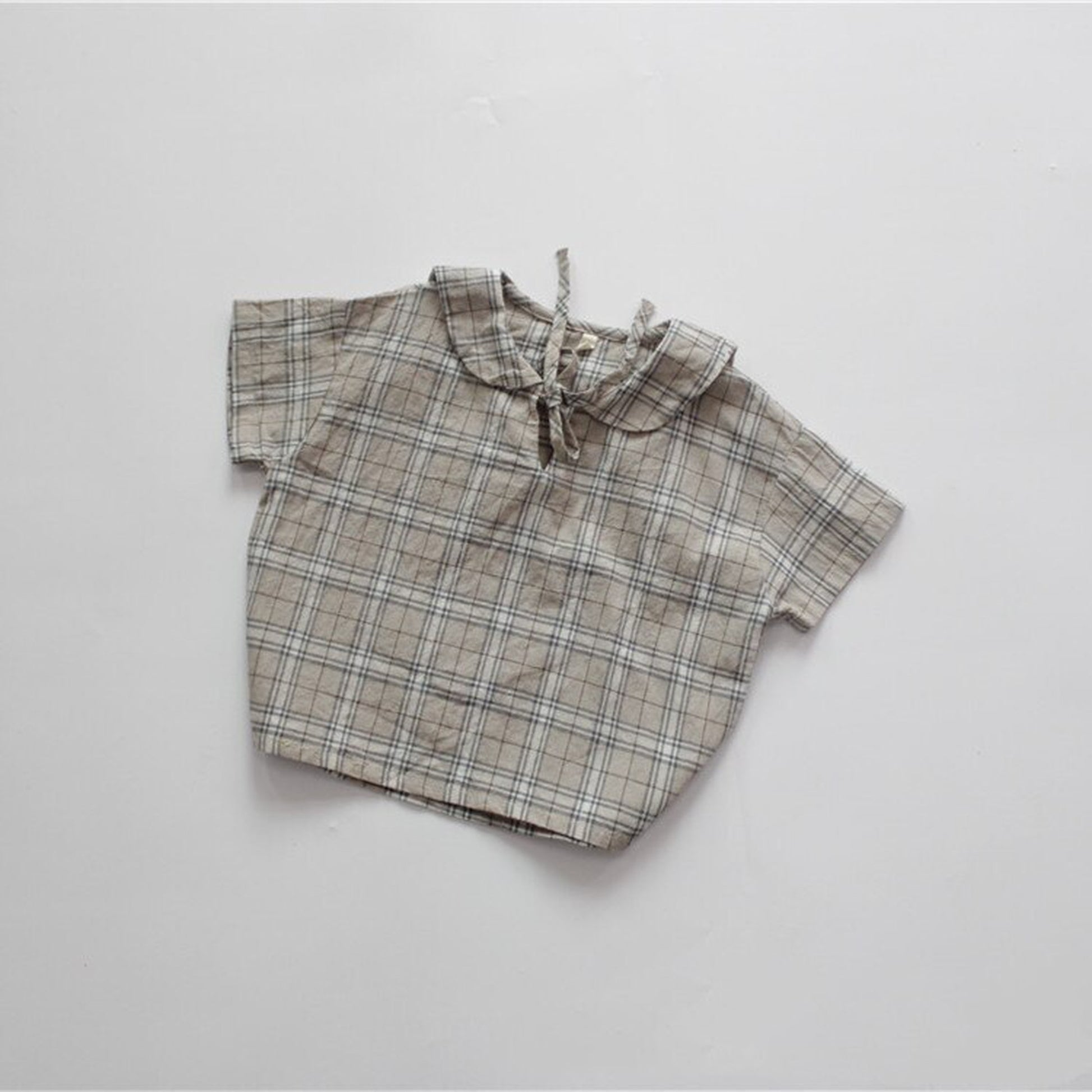 -キッズトップス セーラーカラー チェック リボン 半袖ブラウス - mamahalo shop - 半袖シャツ・ブラウス -  べビー服 - 子供服 - 男の子 - 女の子