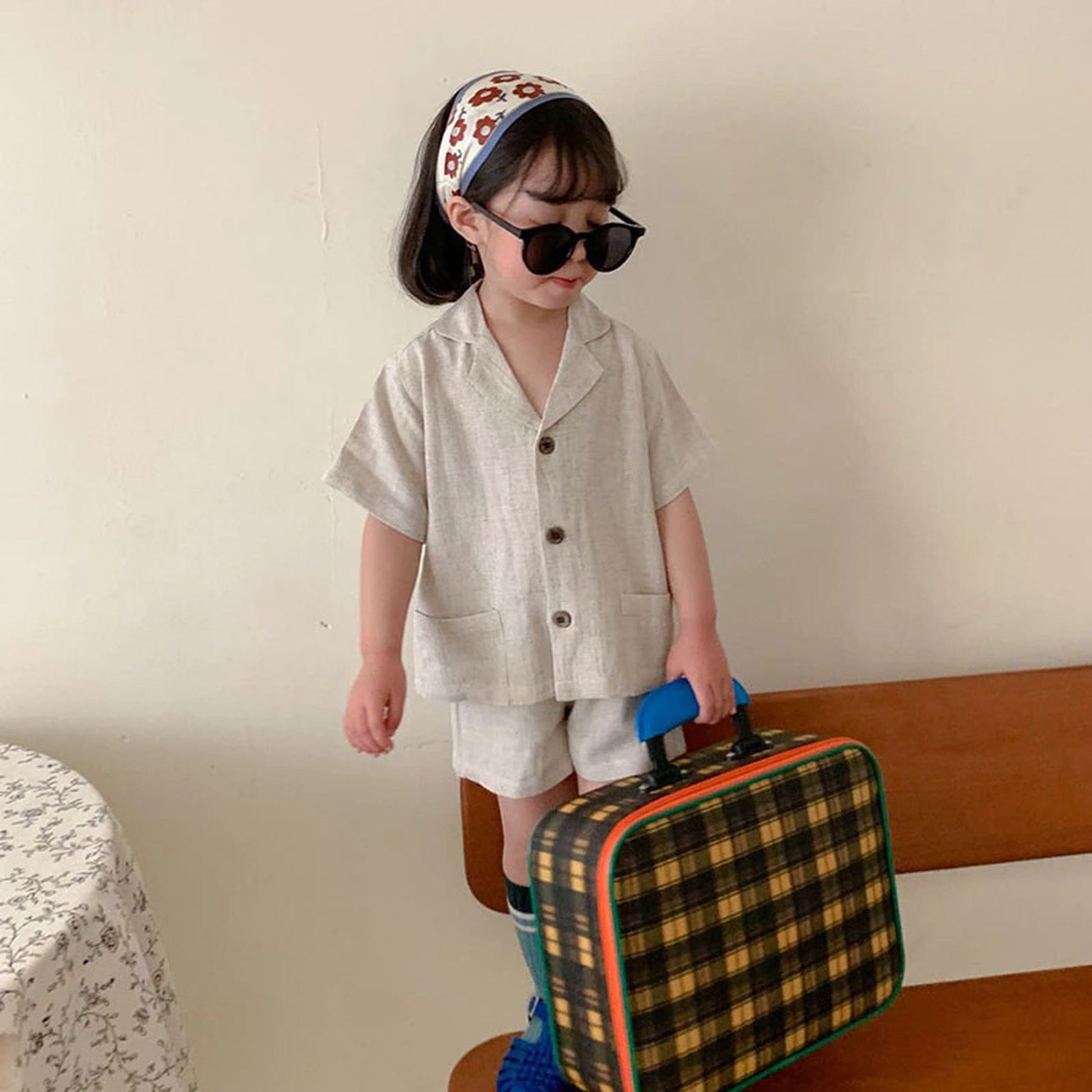 -☺︎ キッズ セットアップ 半袖シャツ ショートパンツ ベージュ/コーヒー/2カラー - mamahalo shop - 半袖セットアップ -  べビー服 - 子供服 - 男の子 - 女の子