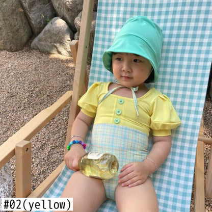 -キッズ チェック ドッキング パフスリーブ 半袖 ワンピース 水着 帽子 セット スイムスーツ【mh0000710】 - mamahalo shop - ベビー用水着 -  べビー服 - 子供服 - 男の子 - 女の子