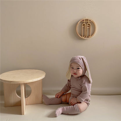 -ベビーロンパース しっぽ付き 長袖ロンパース うさ耳帽子 お揃い靴下 3点セット【mh0000384】 - mamahalo shop - 長袖ロンパース -  べビー服 - 子供服 - 男の子 - 女の子