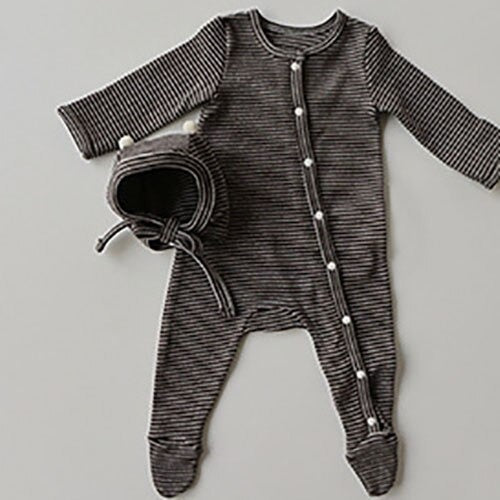 -ベビー ボーダー 足つき ロンパース ぽんぽん帽子 セット【mh0000050】 - mamahalo shop - 長袖ロンパース -  べビー服 - 子供服 - 男の子 - 女の子