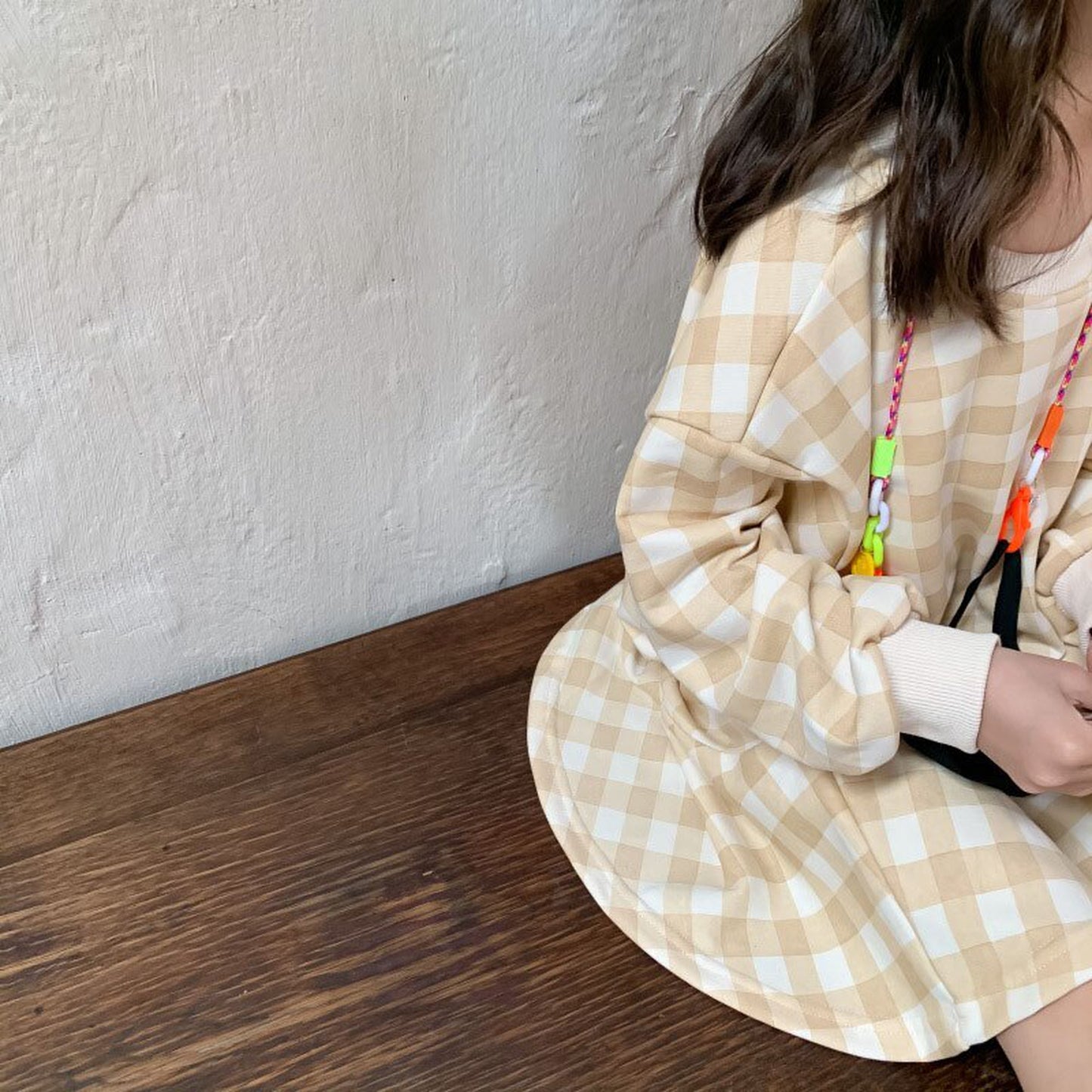 -キッズトップス ワンピース チェック 長袖Tシャツ 長袖フレアワンピース リンクコーデ 兄弟姉妹 お揃いコーデ ピンク/ベージュ/2カラー【mh0000062】 - mamahalo shop - 長袖ワンピース -  べビー服 - 子供服 - 男の子 - 女の子