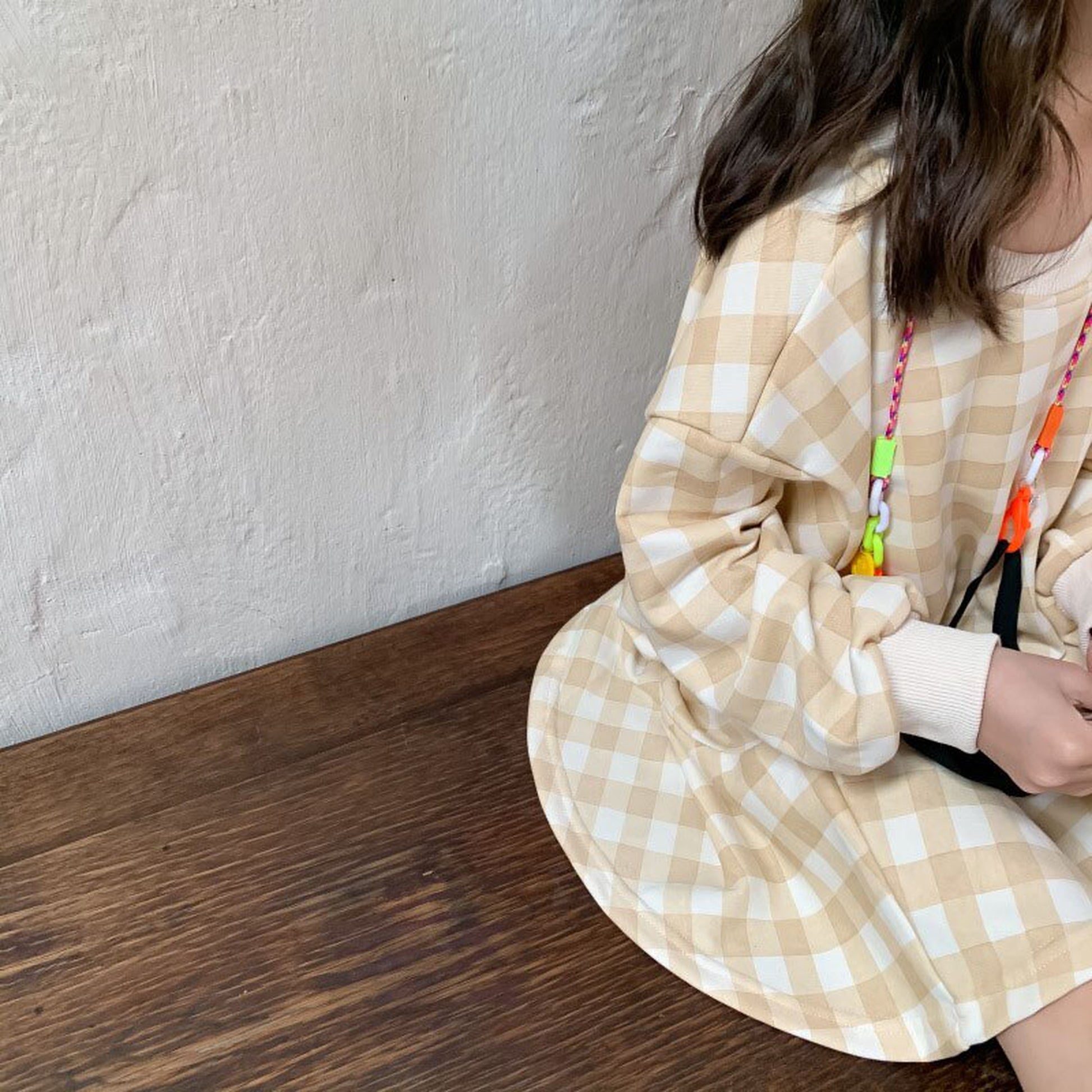 -キッズトップス ワンピース チェック 長袖Tシャツ 長袖フレアワンピース リンクコーデ 兄弟姉妹 お揃いコーデ ピンク/ベージュ/2カラー【mh0000062】 - mamahalo shop - 長袖ワンピース -  べビー服 - 子供服 - 男の子 - 女の子