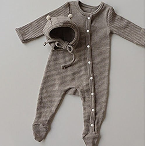 -ベビー ボーダー 足つき ロンパース ぽんぽん帽子 セット【mh0000050】 - mamahalo shop - 長袖ロンパース -  べビー服 - 子供服 - 男の子 - 女の子