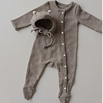 -ベビー ボーダー 足つき ロンパース ぽんぽん帽子 セット【mh0000050】 - mamahalo shop - 長袖ロンパース -  べビー服 - 子供服 - 男の子 - 女の子