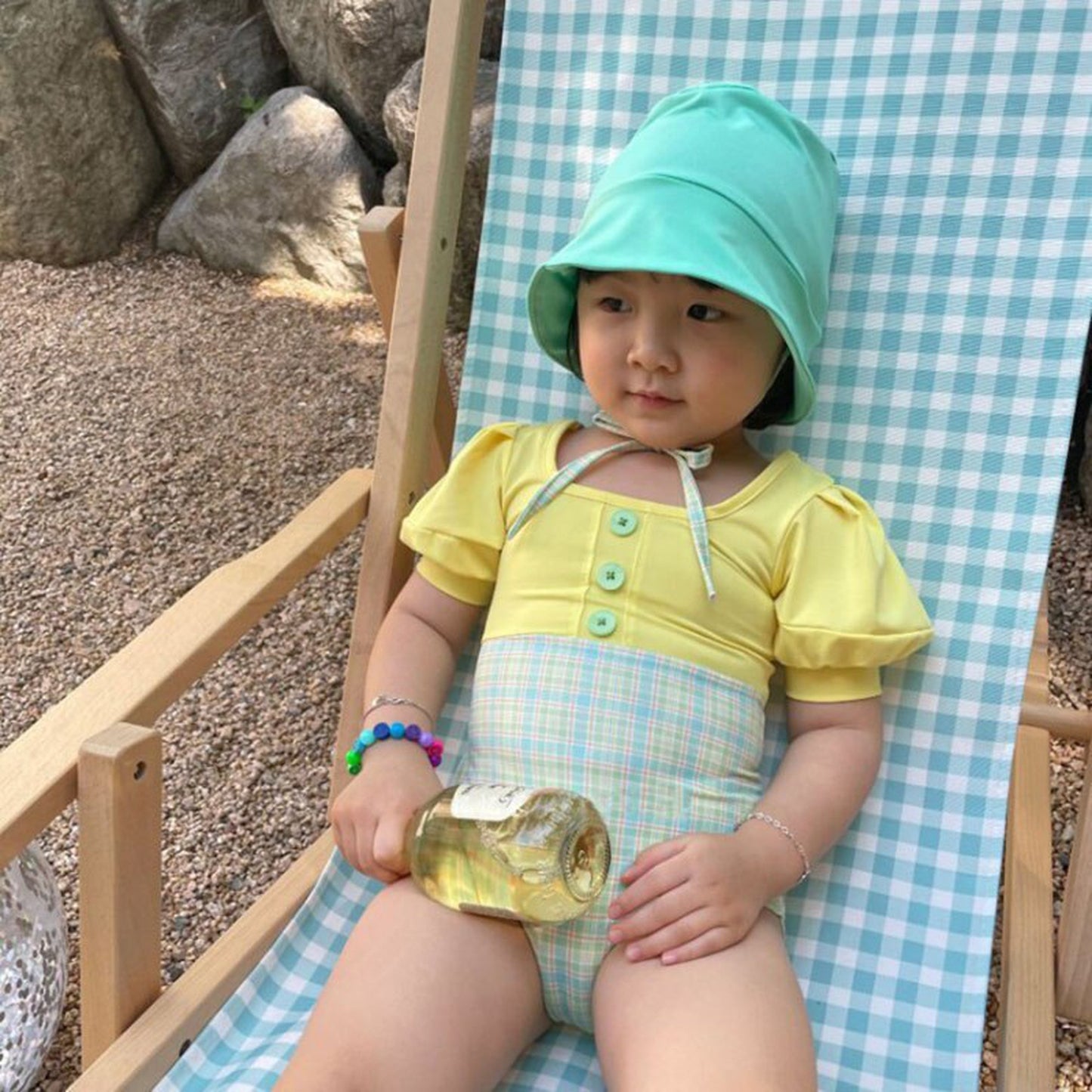 -キッズ チェック ドッキング パフスリーブ 半袖 ワンピース 水着 帽子 セット スイムスーツ【mh0000710】 - mamahalo shop - ベビー用水着 -  べビー服 - 子供服 - 男の子 - 女の子