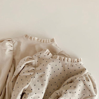 -☺︎ ベビートップス 長袖パフスリーブブラウス  ベージュ/水玉ドットプリント - mamahalo shop - 長袖Tシャツ -  べビー服 - 子供服 - 男の子 - 女の子