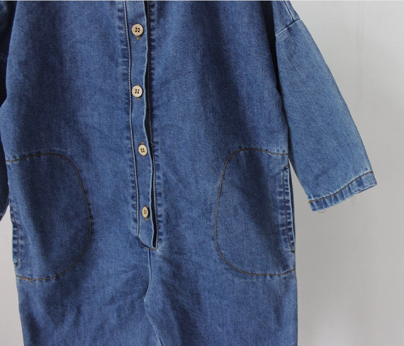 -キッズ デニム ルーズ 長袖 ジャンプスーツ つなぎ - mamahalo shop - 長袖ジャンプスーツ -  べビー服 - 子供服 - 男の子 - 女の子