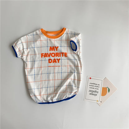 -キッズ チェック レターロゴ 半袖 セットアップ Tシャツ ショートパンツ ワンピース リンク 兄弟 姉妹 お揃い コーデ【mh0001901】 - mamahalo shop - 半袖セットアップ -  べビー服 - 子供服 - 男の子 - 女の子