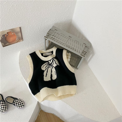 -キッズ セットアップ 長袖 スタンドカラー フリル ワンピース ニット リボン ベスト - mamahalo shop - 長袖セットアップ -  べビー服 - 子供服 - 男の子 - 女の子