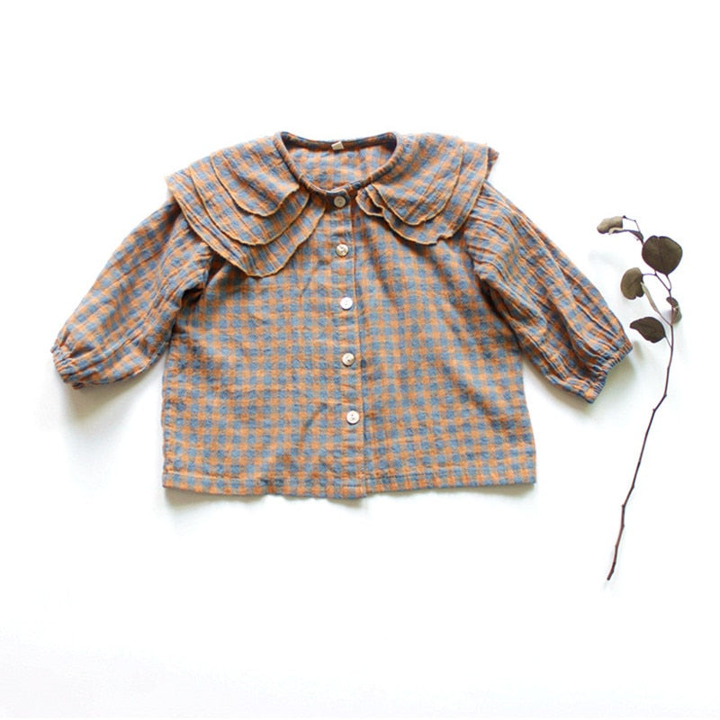 -キッズ チェック フリルカラー 長袖 ブラウス シャツ - mamahalo shop - 長袖シャツ・ブラウス -  べビー服 - 子供服 - 男の子 - 女の子