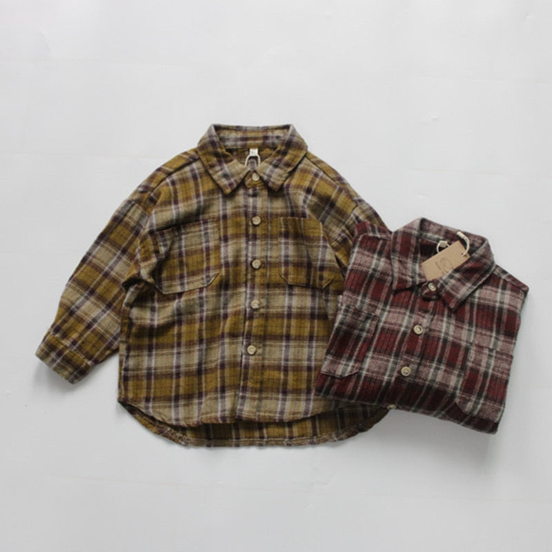 -キッズ服 長袖 シャツ チェック シンプル ベーシック 黄色 赤 2色 男の子 - mamahalo shop - 長袖シャツ・ブラウス -  べビー服 - 子供服 - 男の子 - 女の子