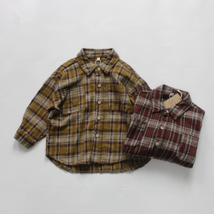 -キッズ服 長袖 シャツ チェック シンプル ベーシック 黄色 赤 2色 男の子 - mamahalo shop - 長袖シャツ・ブラウス -  べビー服 - 子供服 - 男の子 - 女の子