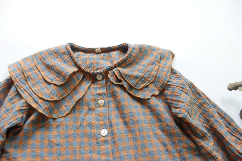 -キッズ チェック フリルカラー 長袖 ブラウス シャツ - mamahalo shop - 長袖シャツ・ブラウス -  べビー服 - 子供服 - 男の子 - 女の子