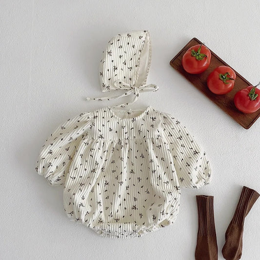 -ベビー コーデュロイ フラワー 長袖 ロンパース ボンネット セット - mamahalo shop - 長袖ロンパース -  べビー服 - 子供服 - 男の子 - 女の子