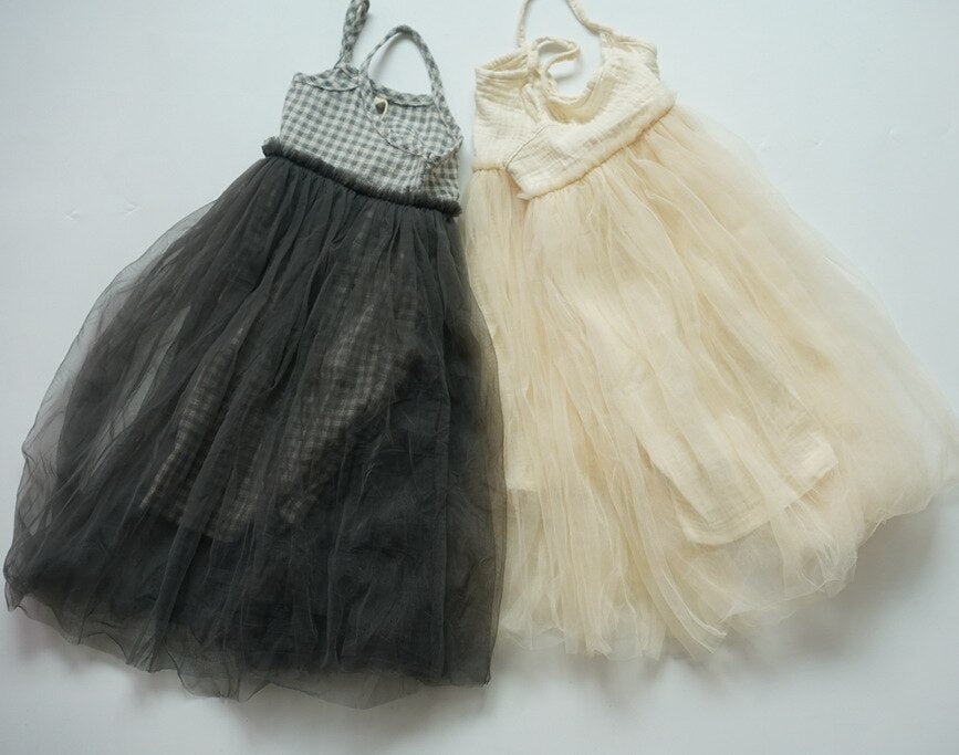 -キッズ チュチュスカート ドッキング チェック 無地 キャミソール ワンピース - mamahalo shop - ノースリーブワンピース -  べビー服 - 子供服 - 男の子 - 女の子