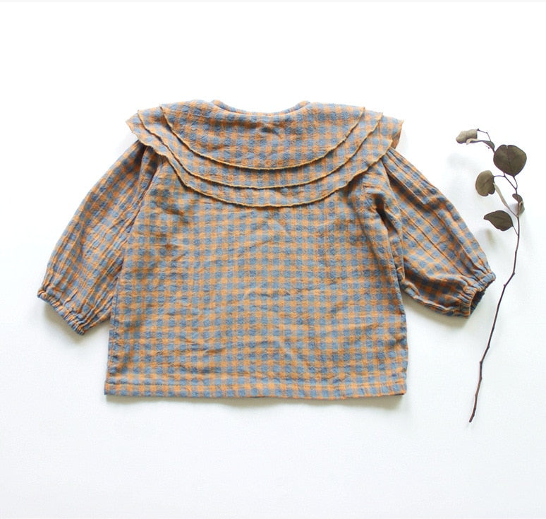 -キッズ チェック フリルカラー 長袖 ブラウス シャツ - mamahalo shop - 長袖シャツ・ブラウス -  べビー服 - 子供服 - 男の子 - 女の子