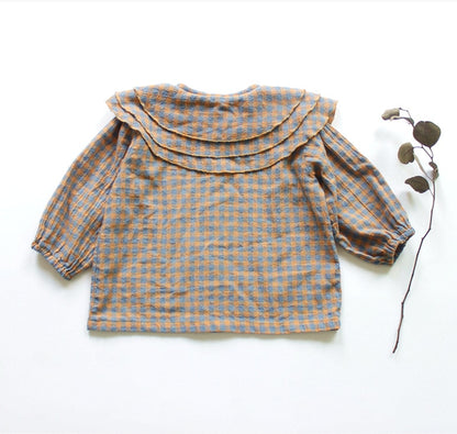 -キッズ チェック フリルカラー 長袖 ブラウス シャツ - mamahalo shop - 長袖シャツ・ブラウス -  べビー服 - 子供服 - 男の子 - 女の子
