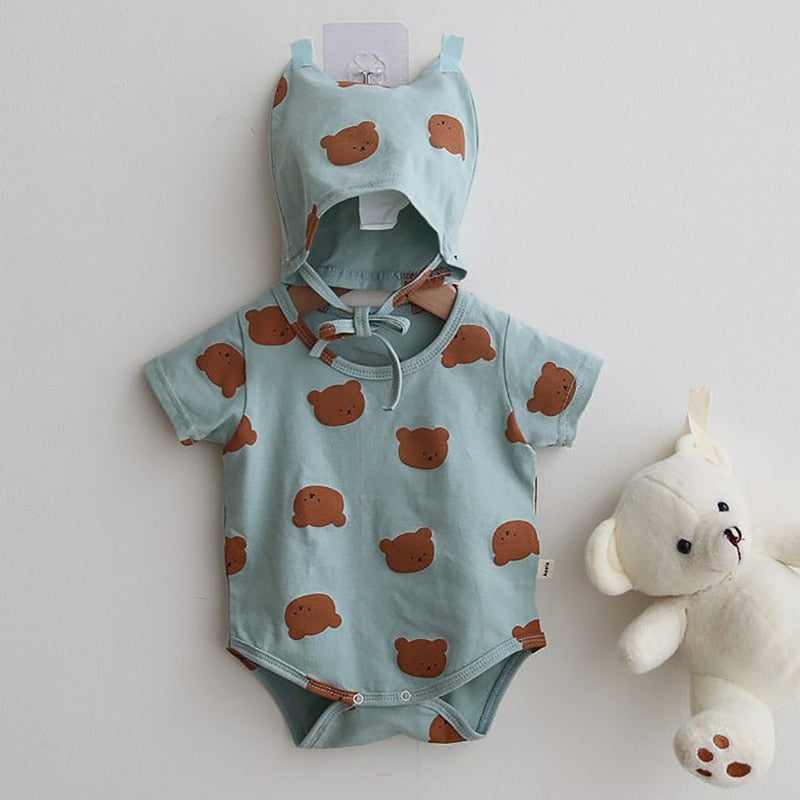 -ベビーロンパース 耳帽子セット 半袖ボディスーツ くまベアプリント 4カラー【mh0000036】 - mamahalo shop - 半袖ロンパース -  べビー服 - 子供服 - 男の子 - 女の子
