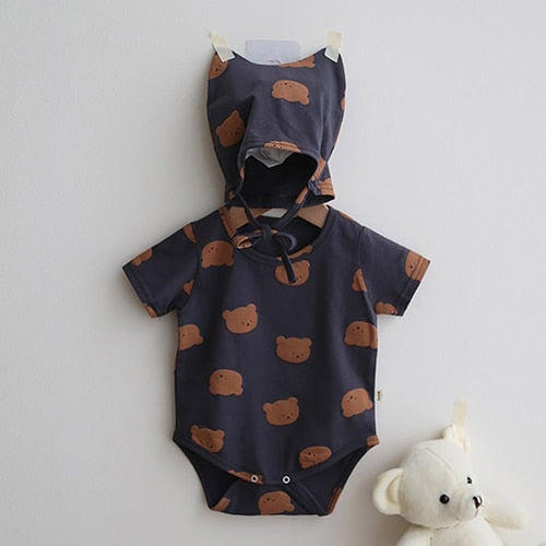 -ベビーロンパース 耳帽子セット 半袖ボディスーツ くまベアプリント 4カラー【mh0000036】 - mamahalo shop - 半袖ロンパース -  べビー服 - 子供服 - 男の子 - 女の子