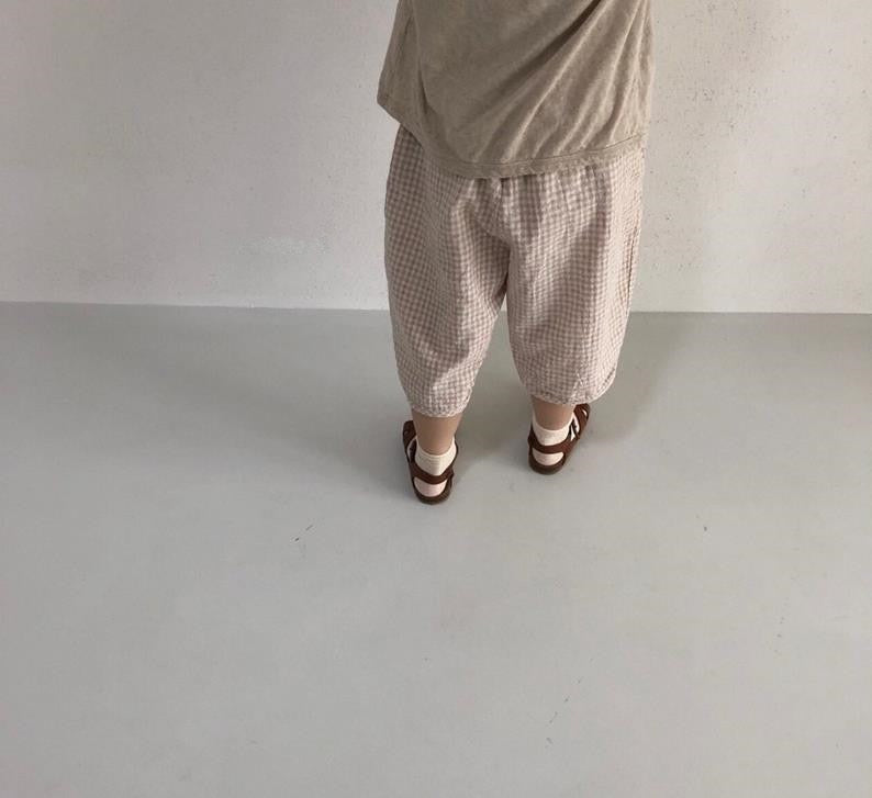 -キッズ コットンリネン チェック ルーズ パンツ - mamahalo shop - ロングパンツ・スウェットパンツ -  べビー服 - 子供服 - 男の子 - 女の子
