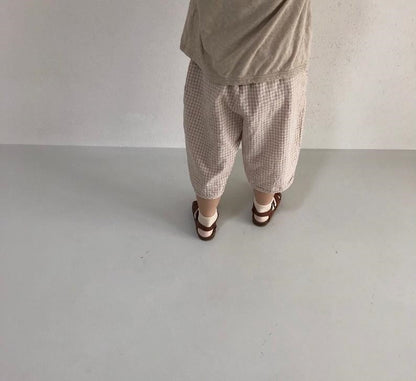-キッズ コットンリネン チェック ルーズ パンツ - mamahalo shop - ロングパンツ・スウェットパンツ -  べビー服 - 子供服 - 男の子 - 女の子