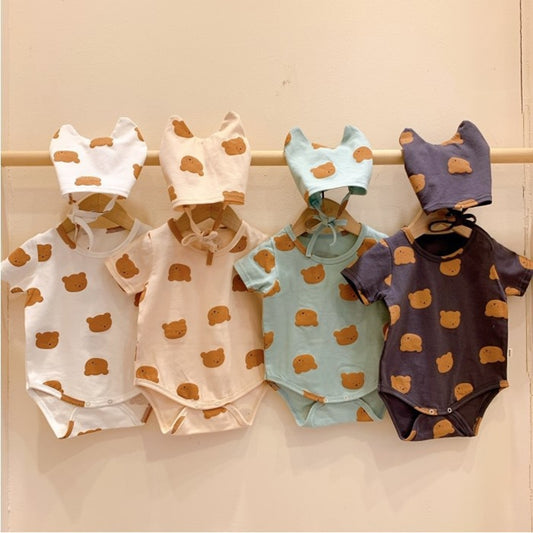-ベビーロンパース 耳帽子セット 半袖ボディスーツ くまベアプリント 4カラー【mh0000036】 - mamahalo shop - 半袖ロンパース -  べビー服 - 子供服 - 男の子 - 女の子