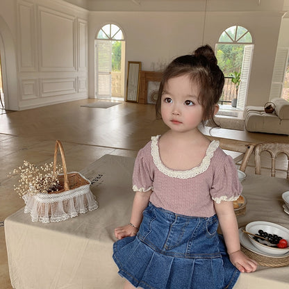 -キッズ レース フリル 半袖 Tシャツ ブラウス - mamahalo shop - 半袖Tシャツ -  べビー服 - 子供服 - 男の子 - 女の子