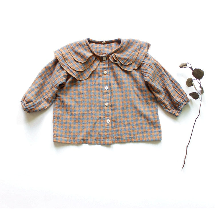 -キッズ チェック フリルカラー 長袖 ブラウス シャツ - mamahalo shop - 長袖シャツ・ブラウス -  べビー服 - 子供服 - 男の子 - 女の子