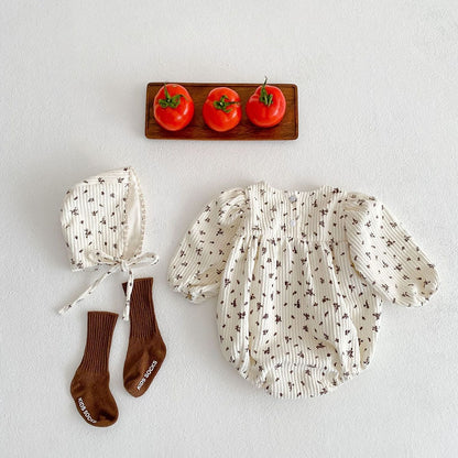 -ベビー コーデュロイ フラワー 長袖 ロンパース ボンネット セット - mamahalo shop - 長袖ロンパース -  べビー服 - 子供服 - 男の子 - 女の子
