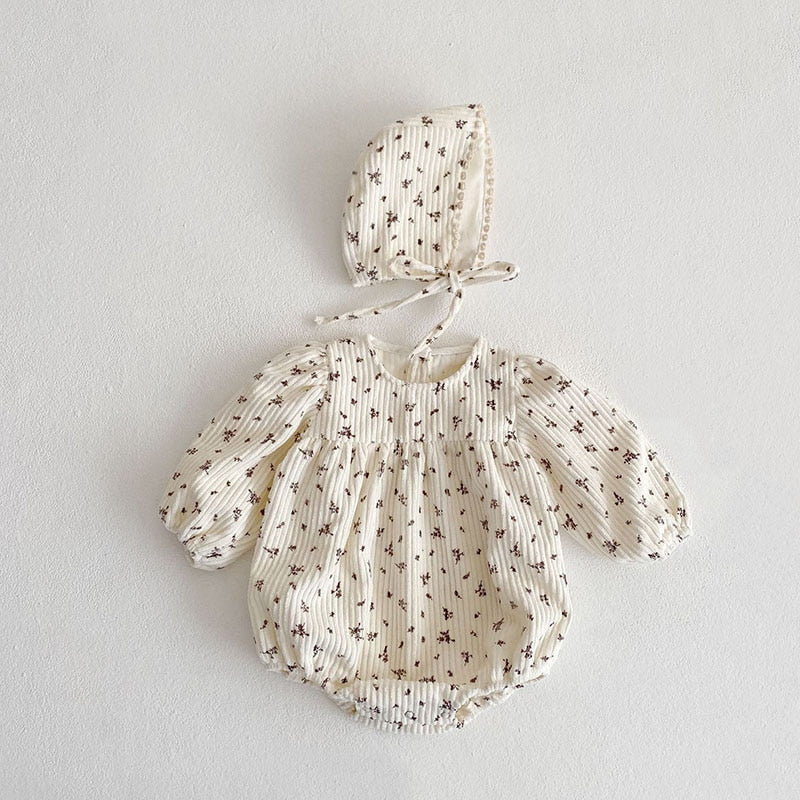 -ベビー コーデュロイ フラワー 長袖 ロンパース ボンネット セット - mamahalo shop - 長袖ロンパース -  べビー服 - 子供服 - 男の子 - 女の子