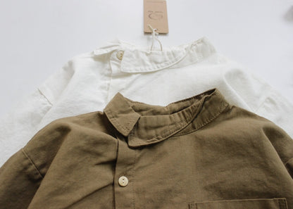 -キッズ コットンリネン アシメボタン 長袖 シャツ ブラウス デザインシャツ - mamahalo shop - 長袖シャツ・ブラウス -  べビー服 - 子供服 - 男の子 - 女の子