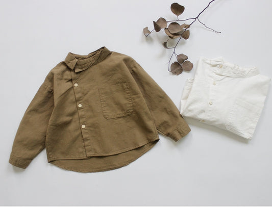-キッズ コットンリネン アシメボタン 長袖 シャツ ブラウス デザインシャツ - mamahalo shop - 長袖シャツ・ブラウス -  べビー服 - 子供服 - 男の子 - 女の子