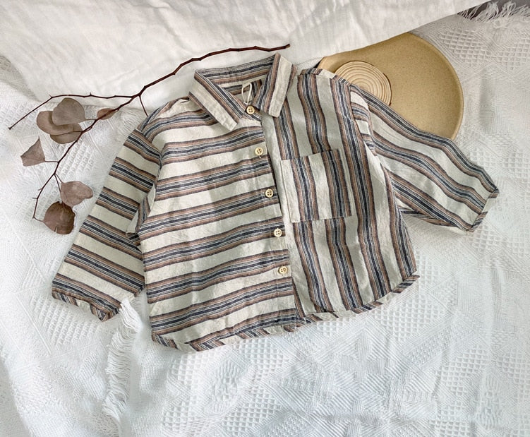 -キッズ パッチワーク ボーダー ストライプ 長袖 シャツ トップス - mamahalo shop - 長袖シャツ・ブラウス -  べビー服 - 子供服 - 男の子 - 女の子