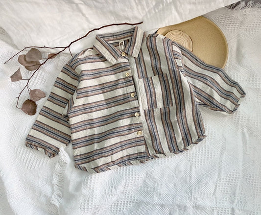 -キッズ パッチワーク ボーダー ストライプ 長袖 シャツ トップス - mamahalo shop - 長袖シャツ・ブラウス -  べビー服 - 子供服 - 男の子 - 女の子