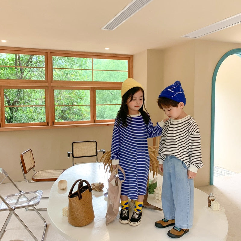 -キッズ ボーダー Tシャツ ワンピース お揃い コーデ - mamahalo shop - 長袖ワンピース -  べビー服 - 子供服 - 男の子 - 女の子