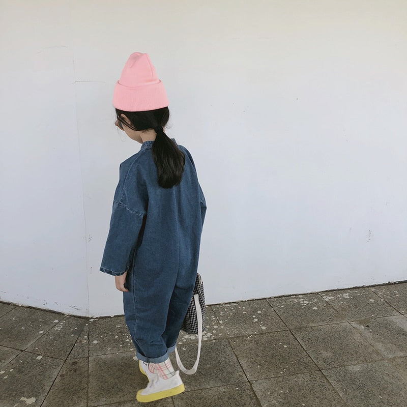 -キッズ デニム ルーズ 長袖 ジャンプスーツ つなぎ - mamahalo shop - 長袖ジャンプスーツ -  べビー服 - 子供服 - 男の子 - 女の子