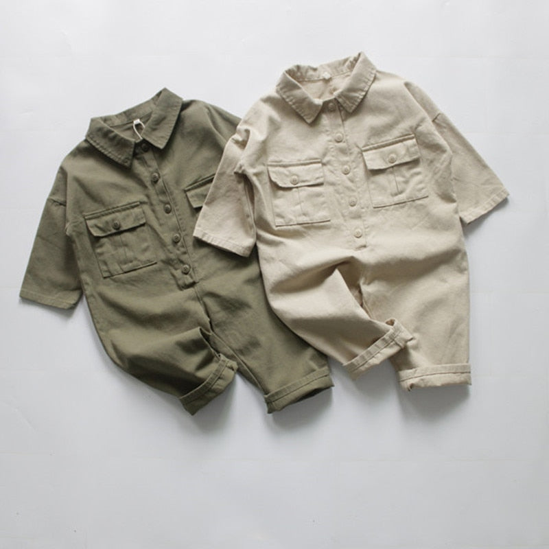 -キッズ服 長袖シャツ ジャンプスーツ つなぎ シンプル ベーシック 無地 アーミーグリーン ベージュ 2色 男の子 - mamahalo shop - 長袖ジャンプスーツ -  べビー服 - 子供服 - 男の子 - 女の子