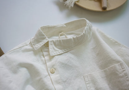 -キッズ コットンリネン アシメボタン 長袖 シャツ ブラウス デザインシャツ - mamahalo shop - 長袖シャツ・ブラウス -  べビー服 - 子供服 - 男の子 - 女の子