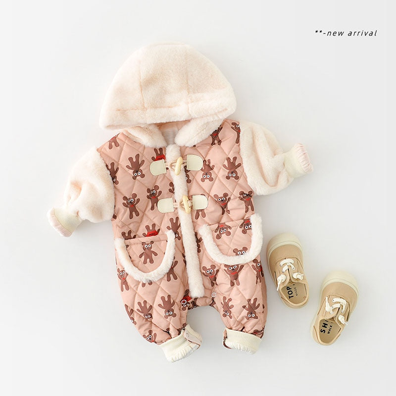 -ベビー くま ベア キルティング ボアフリース フーディ ドッキング アウター ジャンプスーツ - mamahalo shop - アウタージャンプスーツ -  べビー服 - 子供服 - 男の子 - 女の子