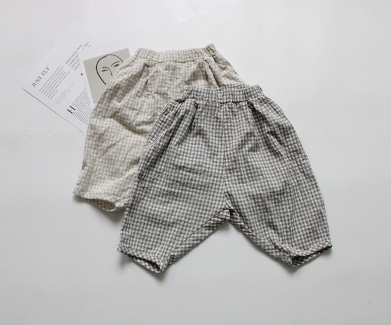 -キッズ コットンリネン チェック ルーズ パンツ - mamahalo shop - ロングパンツ・スウェットパンツ -  べビー服 - 子供服 - 男の子 - 女の子